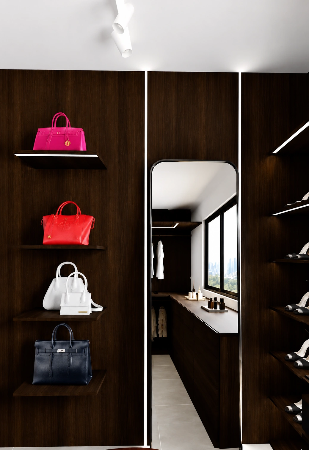 Visualização do closet com espelho vertical de cantos arredondados e prateleiras para bolsas e calçados.
