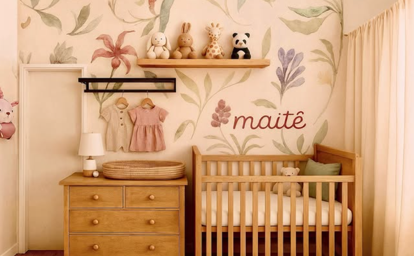 Quarto infantil com berço e cômoda em madeira, papel de parede botânico e prateleira com brinquedos.