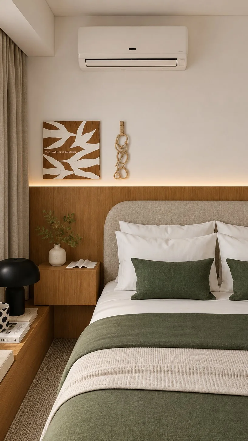 Madeira, tecidos e iluminação indireta no quarto em madeira e verde da Brandi Arquitetura.